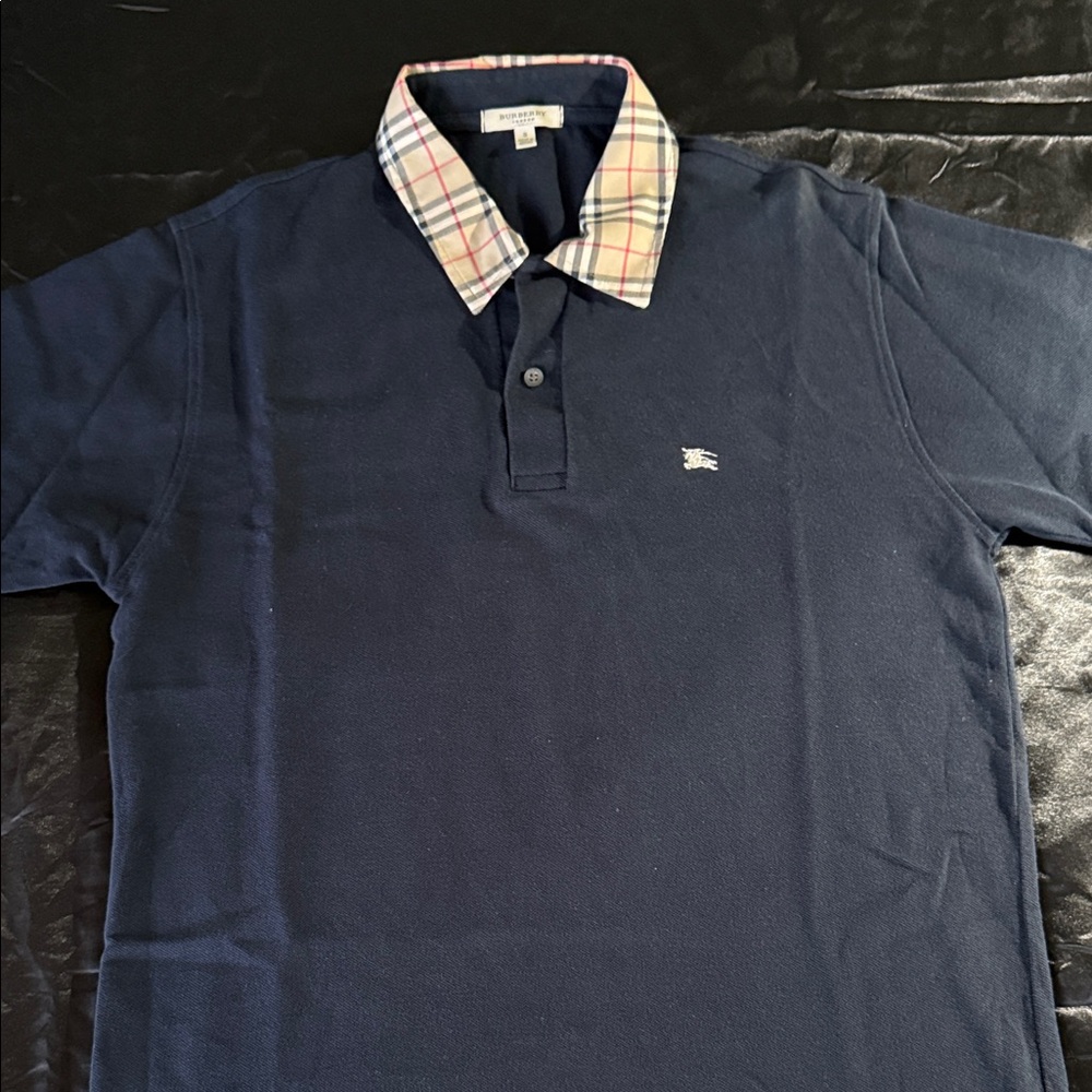 Burberry Dark Blue Polo with Plaid Collar